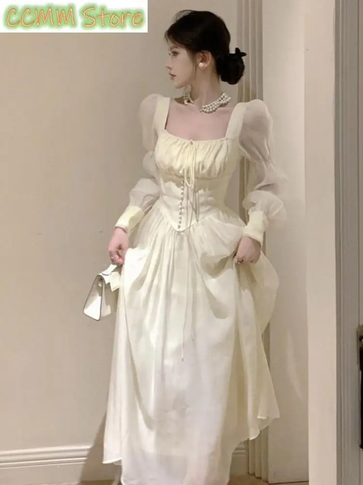 Elegante abito longuette con maniche a lanterna francese con lacci Abito estivo da donna con scollo quadrato Abito da ballo per feste da sera Abiti femminili Mujer Autunno