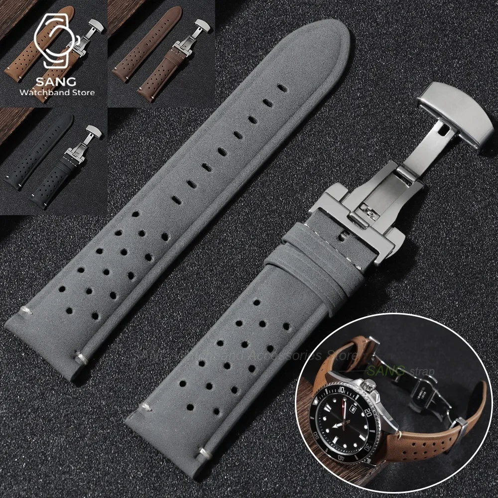 Bracelet de montre en cuir perforé mat respirant avec fermoir déployant pour affaires, 18mm 20mm 22mm, pour Seiko, pour Rolex