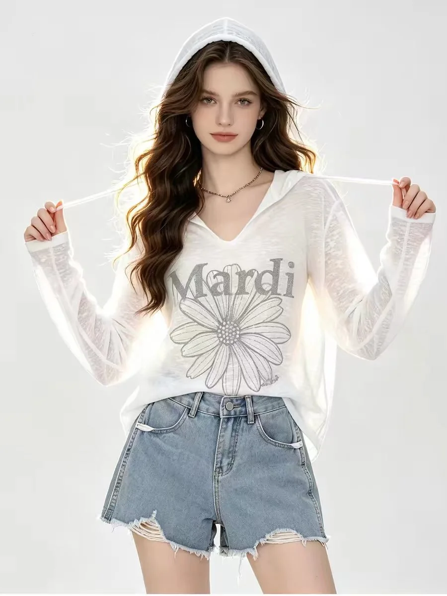 Mardi 2026 New Daisy Sun Protection Shirt V-Neck Knitted Long Sleeve Women Summer Thin Breathable Outerwear Top