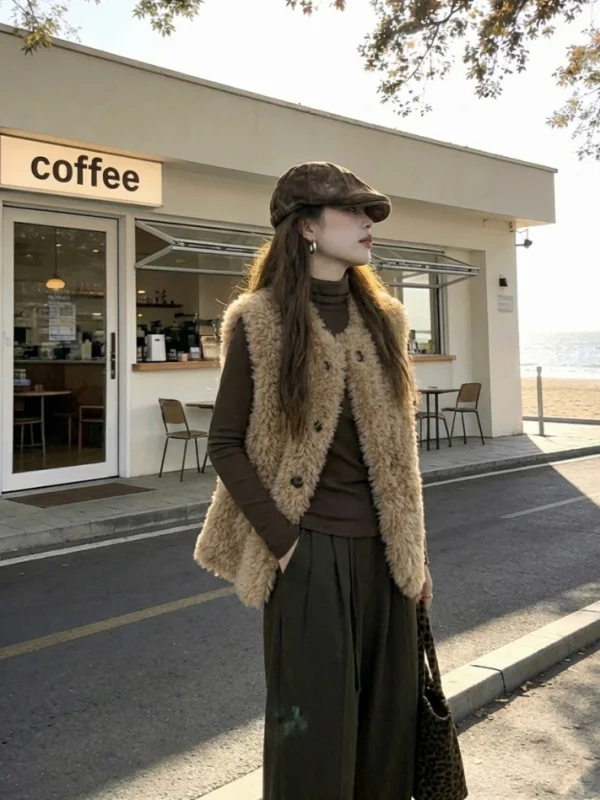 Umweltfreundliche Lammfell-Jahet-Damen-Biker-Jahet in mittlerer Länge, lässige Passform, Knopfverschluss, andere Materialien, Oberbekleidung