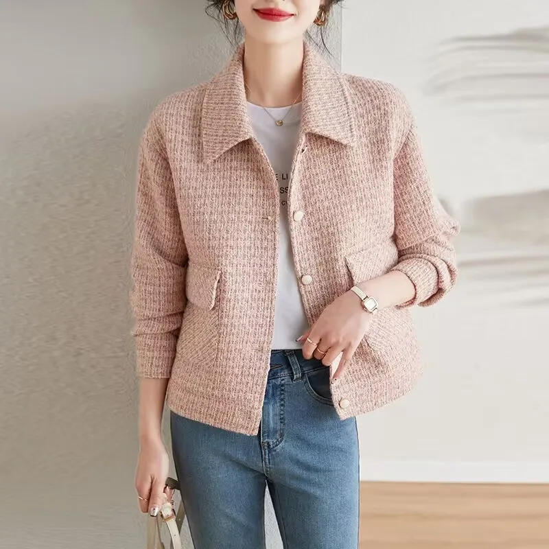 Jaqueta curta de Tweed xadrez feminina, jaqueta chique de tecelagem, casacos glamorosos, blusa de manga longa de luxo, moda feminina, primavera, 2023