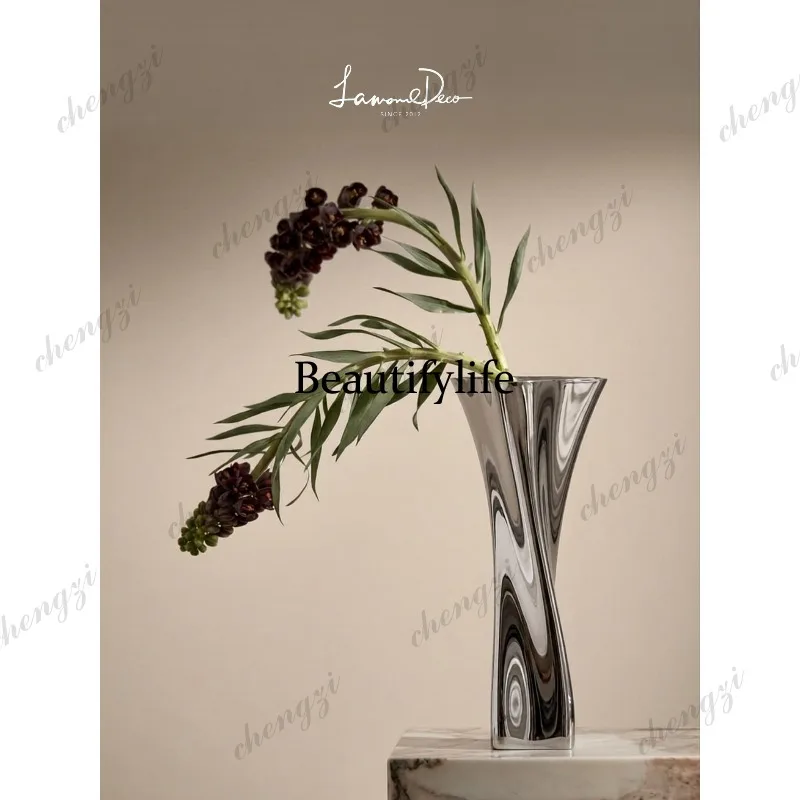 Stainless steel vase high-end modern light luxury living room art flower ornaments