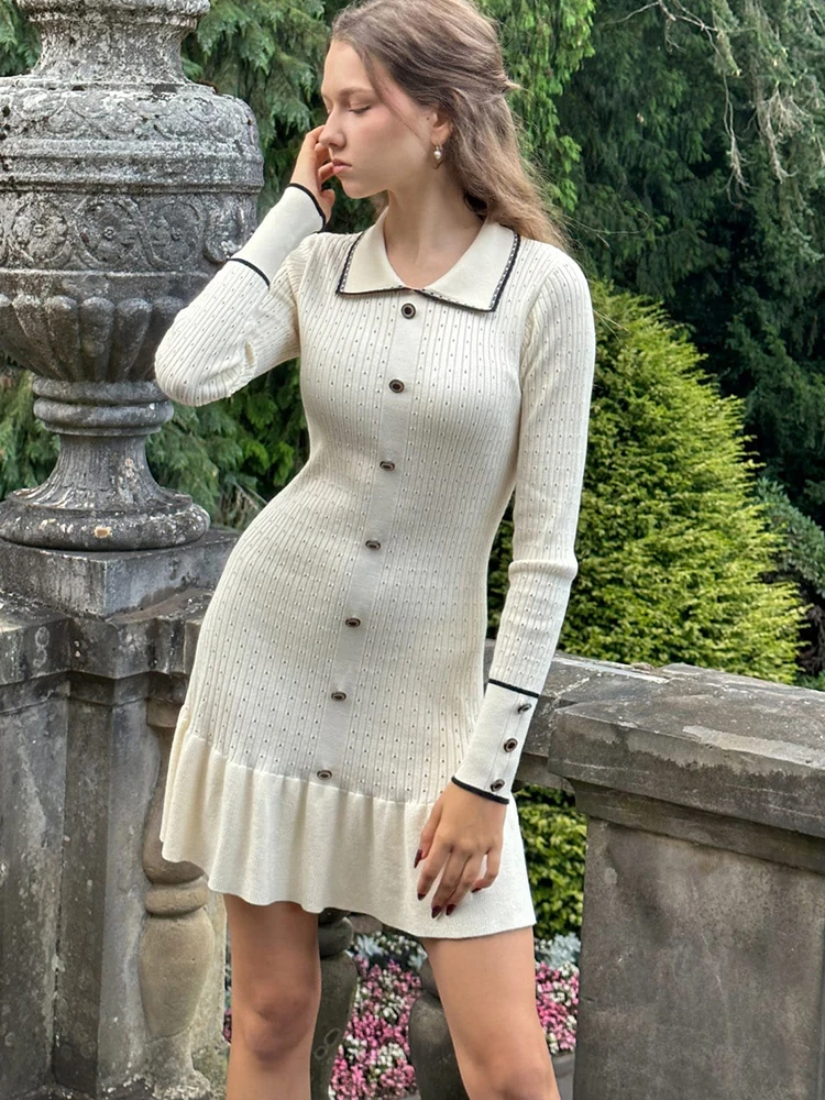 Fantoye Knitted Turn-down Collar Button Women Dress White Long Sleeve High Waist Dress Female Autumn Slim Casual Party Clubwear