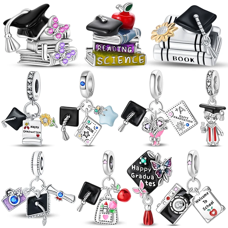 Book Apple Graduation Charm Bead School Dangle Charms Fits 3mm Bracelet Necklace For Women Pendant Luxury 925 Silver DIY Jewelry