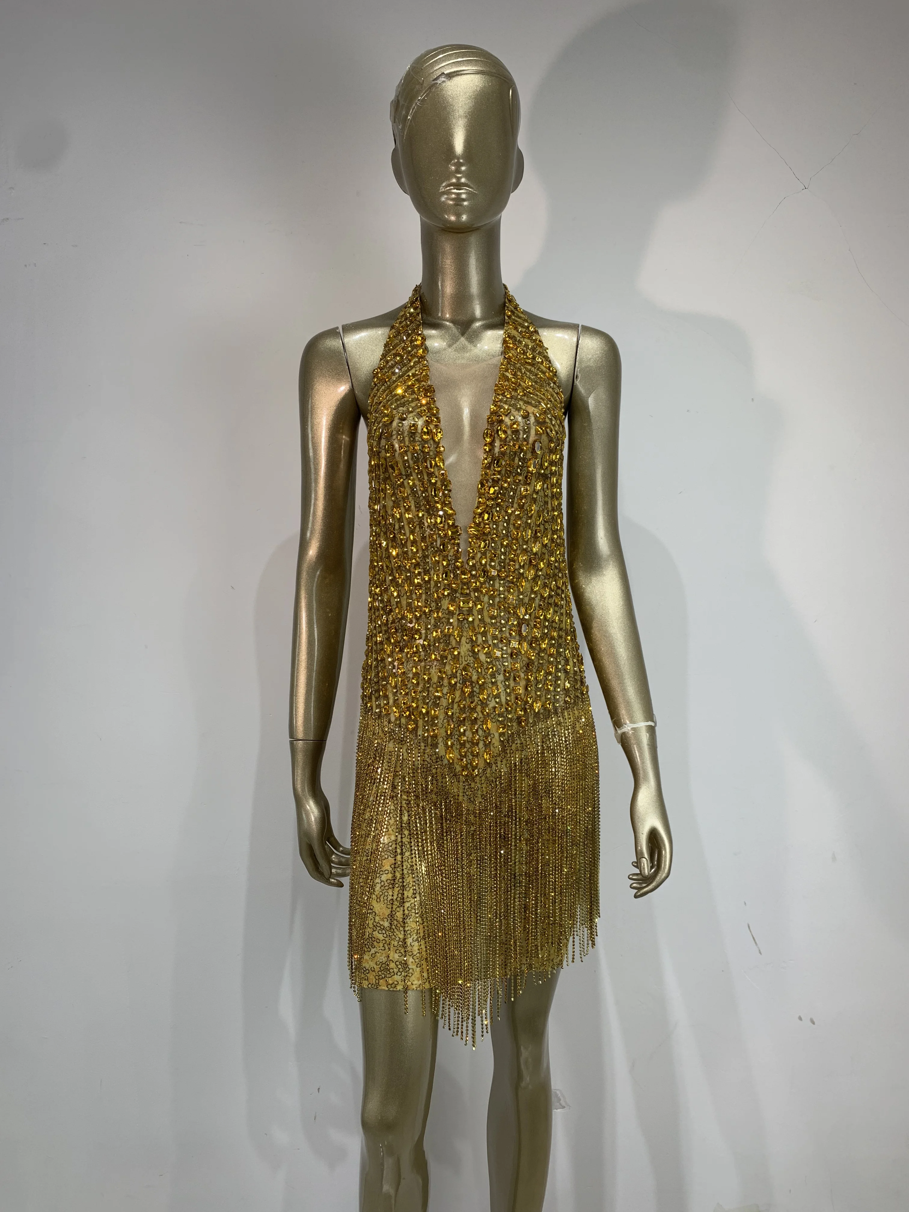 Women Sparkly Gold Rhinestones Chain Tassel Bodysuit Sexy See Through Dancer Singer Stage Outfit Evening Party Birthday Dress