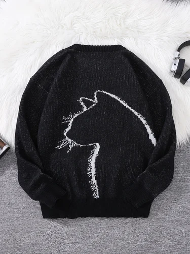 Imagen 2 del producto Nuevo Popular Otoño e Invierno Simple gatito Jacquard patrón de doble cara suéter Casual cuello redondo tejido jersey de los hombres