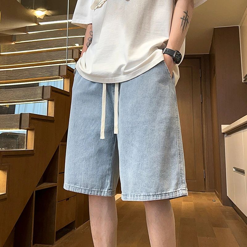 Trend In Thin Banding Vintage Washed Blue Denim Shorts Men's Slacks Day 5 Part Casual string Shorts HP0376