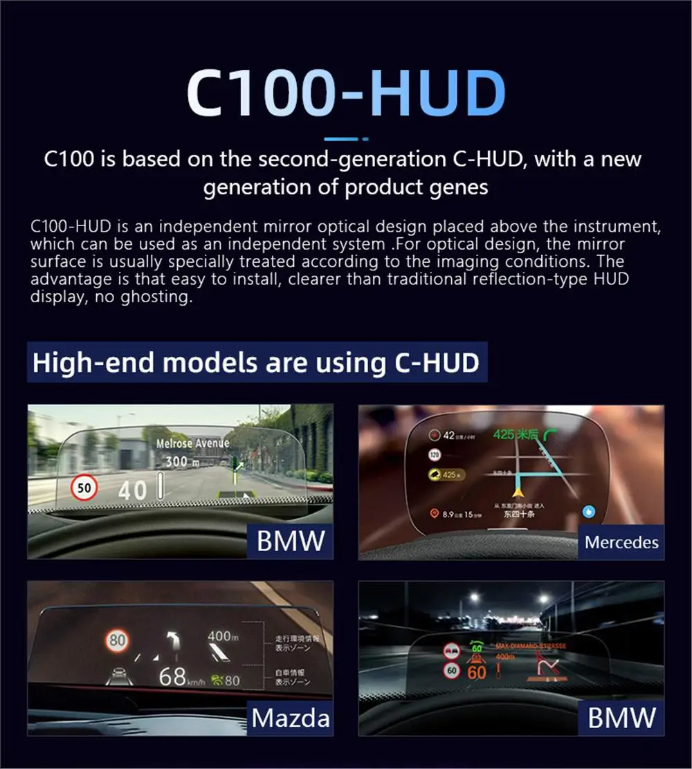 C100 OBD2 HUD Spiegel Head-Up-Display Digitaler Geschwindigkeitsalarm Wassertemperatur-Voltprojektor mit KM/H MPH Fahrzeugelektronik-Zubehör – Detail 15