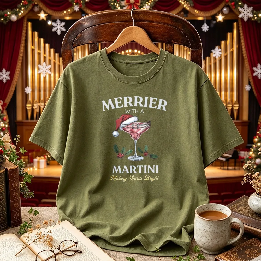 Merrier with A Martini Graphic Tee Martini Glass Santa Hat Holly Berry Print Crew Neck Funny Drinking Christmas Casual T-shirt