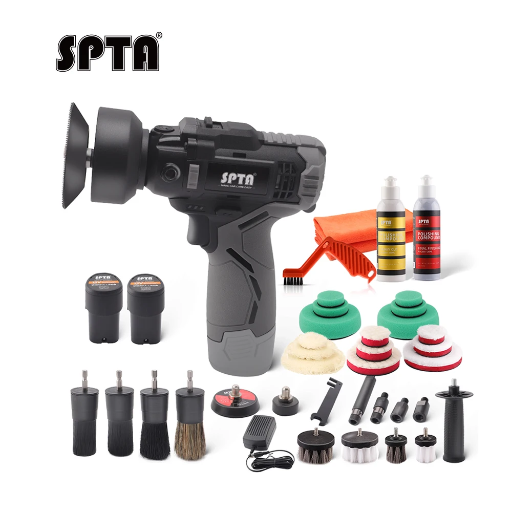 SPTA 12V Cordless Car Rotary Polisher Tool Sets, Dual Action Polisher Cordless Drill Variable Speed Buffer with 2000mAh Battery