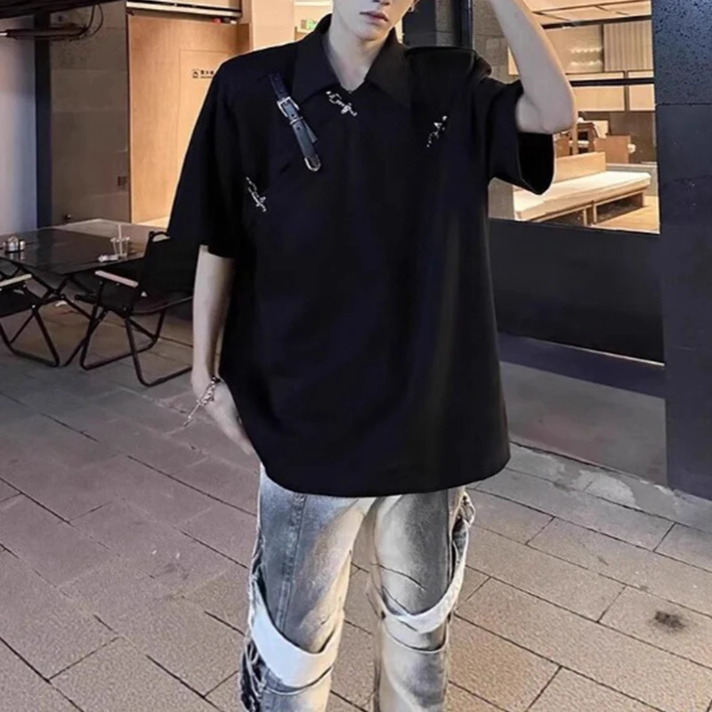 Mens Lapel Collar Short Sleeve Shirt Metal le Strap Decor Irregular Cutout Loose Casual Blouse