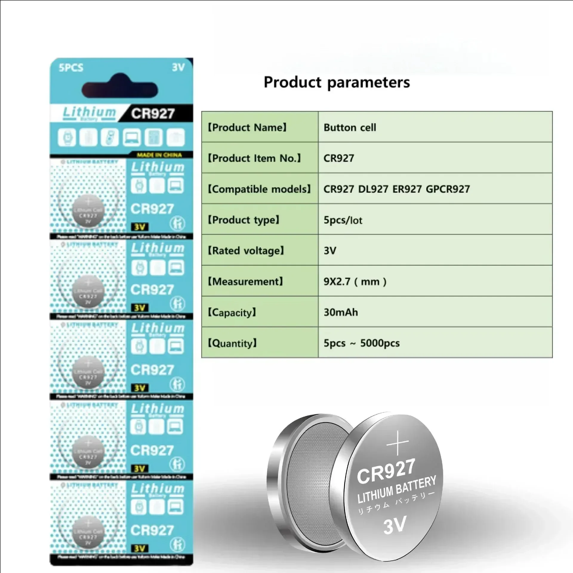 Lithium Coin Cell Battery CR927 3V 100PCS, DL927 BR927 CR927-1W BR927-1W Button Cells For Remote Control Light Toy Clock Watch