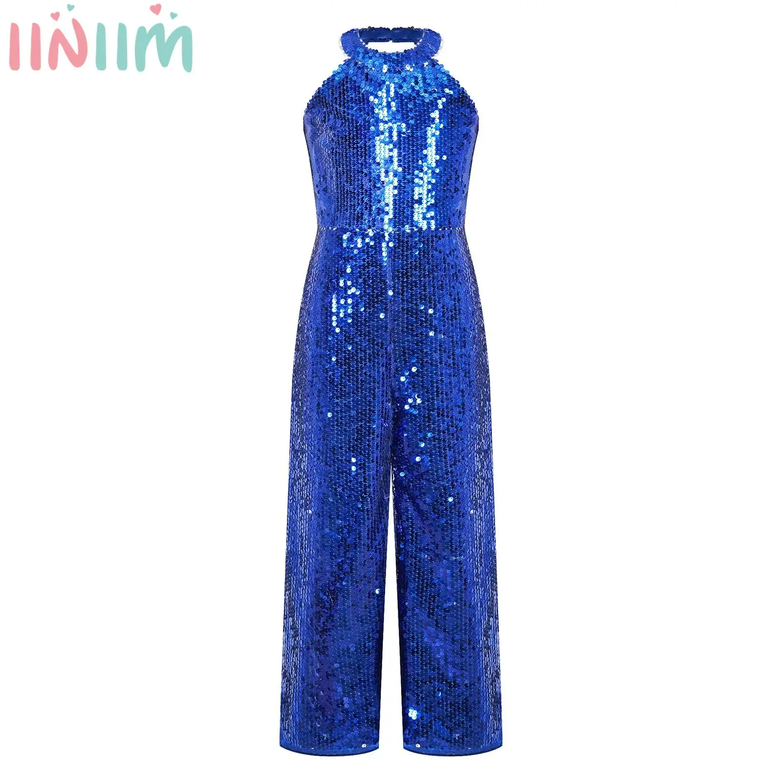 Kids Girls Shiny Sequin Romper Jumpsuit Halter Neck Sleeveless Wide Leg Pants One-Piece Bodysuit for Dancing Performance