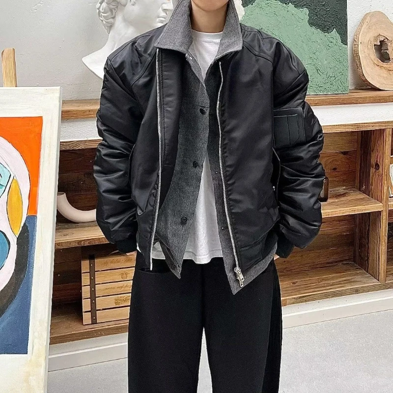 

Retro Double Layer Baseball Jacket Cotton Coat for Men Patchwork Color Blocking Thermal Insulated Pilot Jacket Streetwear