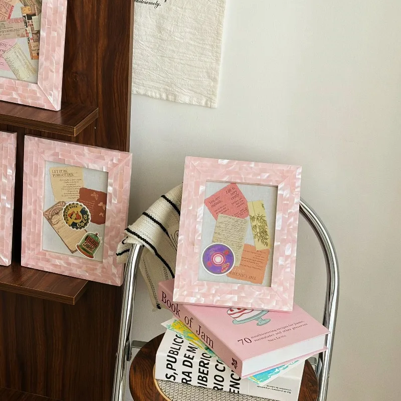 Luxury Pink Fritillary Shell Photo Frame, Handmade Photo Decorative Picture Frame, Desktop Decorative Soft Decoration Ornament