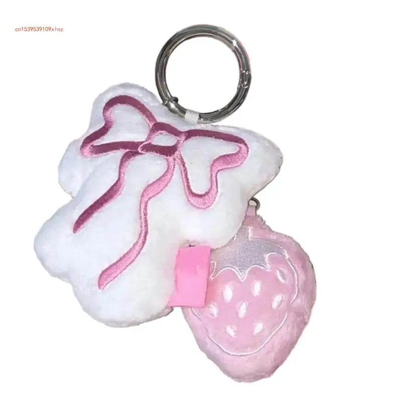 Porte-clés à breloques en peluche avec nœud en forme fraise, joli pendentif suspendu, ornement, décoration à