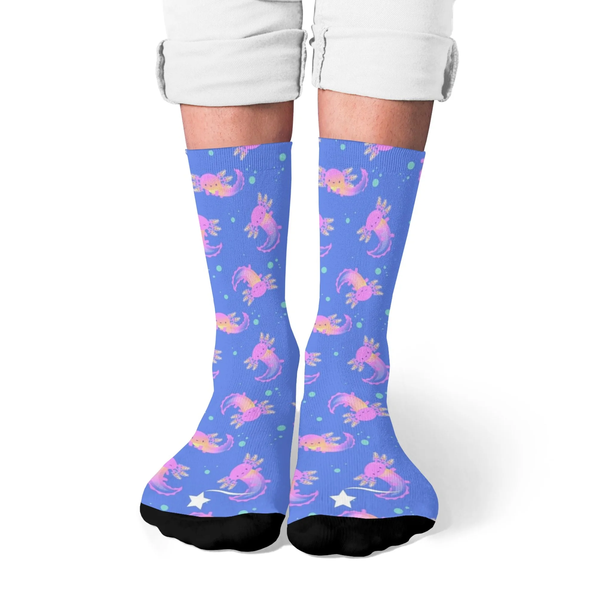 Comfy Kawaii Crew Socks Soft Pink Axolotl Patterns, Scattered Green Dots & Sparkling Stars Breathable Fabric for Daily Wear
