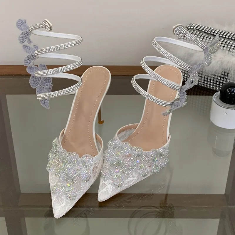 Pointed Toe Spiral Wrap Ankle Strap Stiletto High Heels White Lace Rhinestone Butterfly Women Sandals Wedding Banquet Dress Shoe