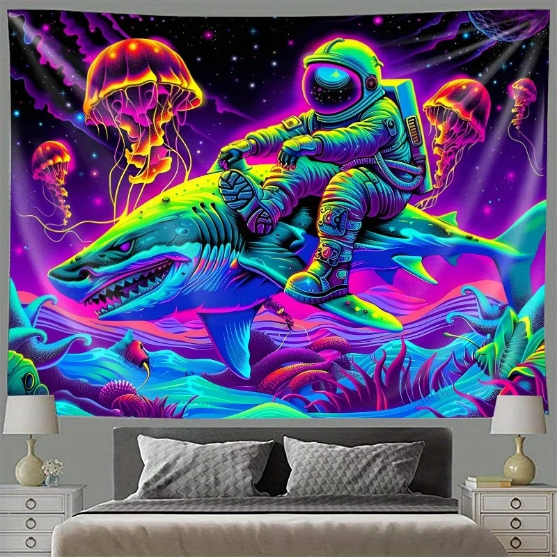 

VIKAMA Halloween Cyber Shark Tapestry Neon Astronaut Jellyfish Living Room Gaming Room Sci-Fi Style Room Decor