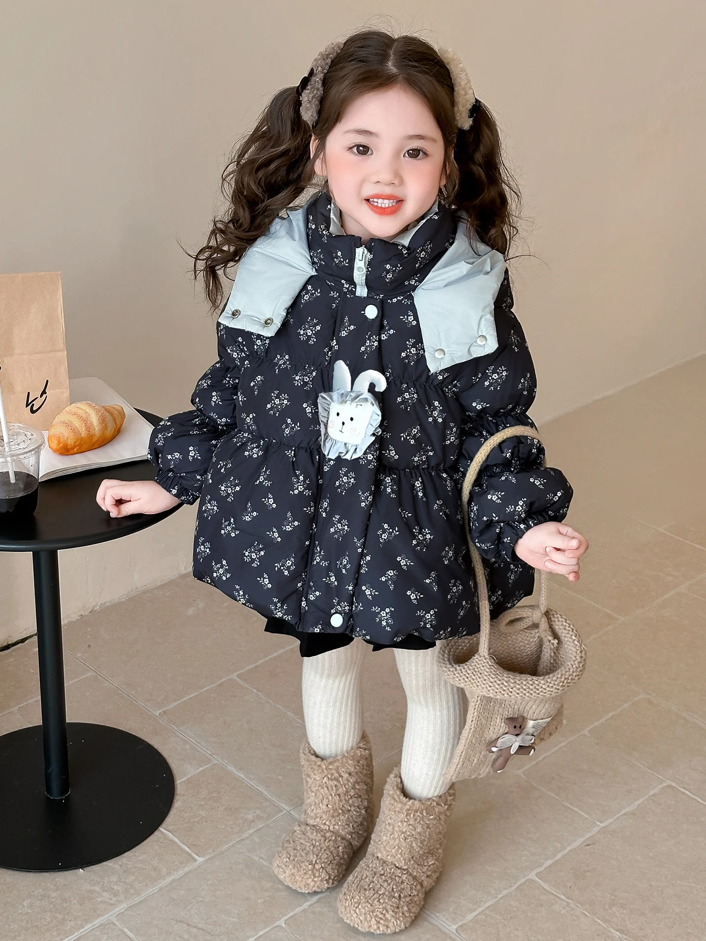 Meninas thiened branco du para baixo inverno jaet quente outerwear coreano sle casaco infantil roupas de inverno do bebê padrão floral