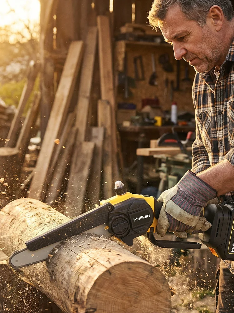 MELLWIN Bürstenlose 8-Zoll-Elektrokettensäge mit automatischer Ölschmierung, Gartensäge zum Holzschneiden, Beschneiden und Fällen, kompatibel mit Makita 18V-Akku.