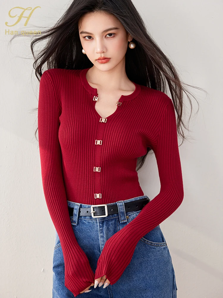 H Han Queen 2024 Autumn Winner Fashion Knit Pullover Sweater Womens Vintage Casual Tops Chic Basic Long Sleeve Knitted Sweaters