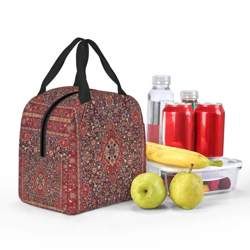 Antique Bohemian Persian Silk Carpet Insulated Lunch Bag for Resuable Boho Kilim Style Cooler Thermal Bento Box Beach Camping