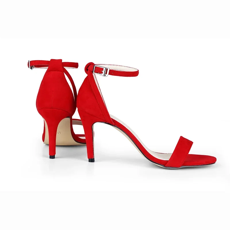 

Women's Ankle Strap Sandals Summer Fashion Office Thin High Heels Stilettos Classic Party Buckle Red Velvet Pumps Wedding Shoes