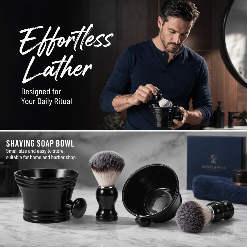 ABS, Nylon Shaving Brush and Bowl Set Quick Lathering Glossy Finish Shaving Tool Set Compact Portable Black Grooming Kit