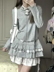 Y2K hot girl gray lace splicing plaid sweater hooded cardigan coat Harajuku casual retro autumn new ins cake skirt