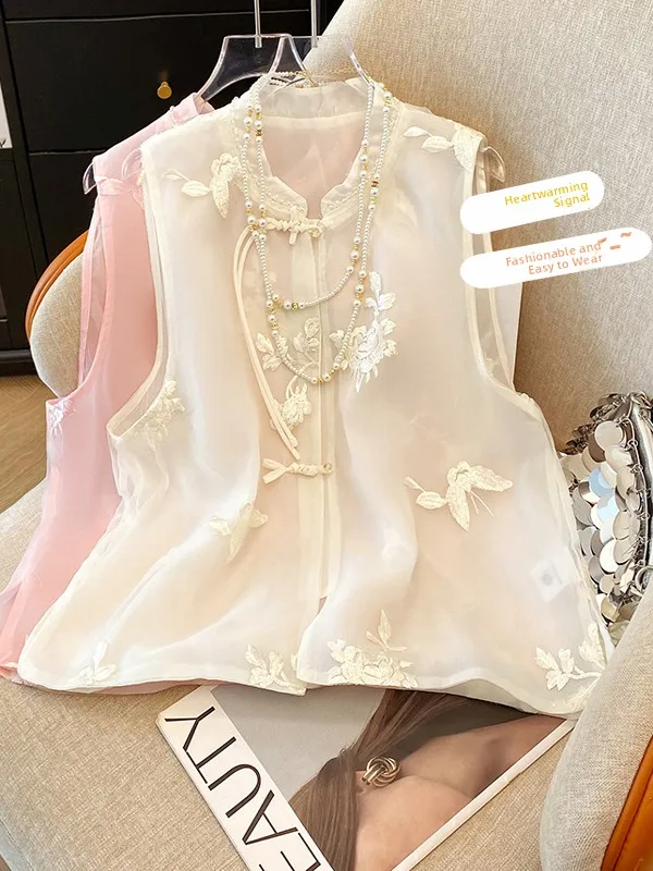

Женский жилет с вышивкой в китайском стиле в стиле ретро, летний элитный национальный жилет на пуговицах из европейской органзы, топ с подкладкой на плечах