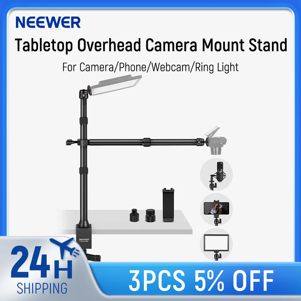 NEEWER Tabletop Overhead Camera Mount Stand with 2 Section Telescopic Extension Arm, Phone Holder, Ball Heads, Screw Adapters,