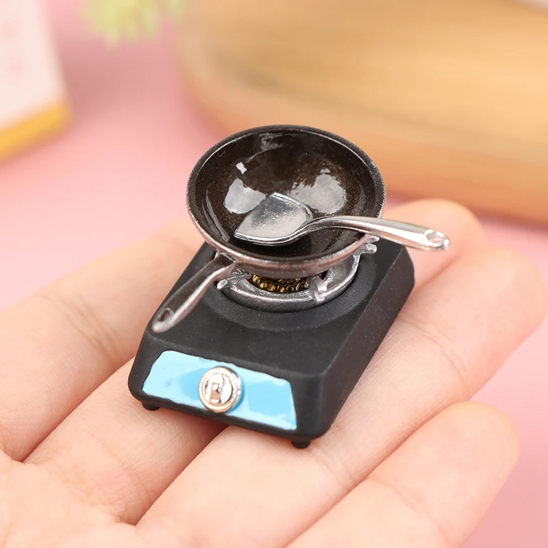 Doll House Accessories 1/12 Scale Dollhouse Miniature Gas Stove Frying Pan Shovel Set Cookware Kitchen Simulation Furniture