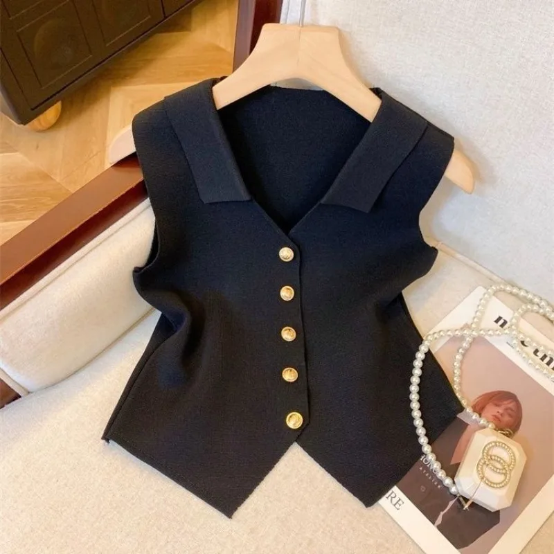 V-neck Suit Vest Women's 2024 Summer New Ice Silk Knitted Cardigan French Commuter Simple Sleeveless Slim Fit Top