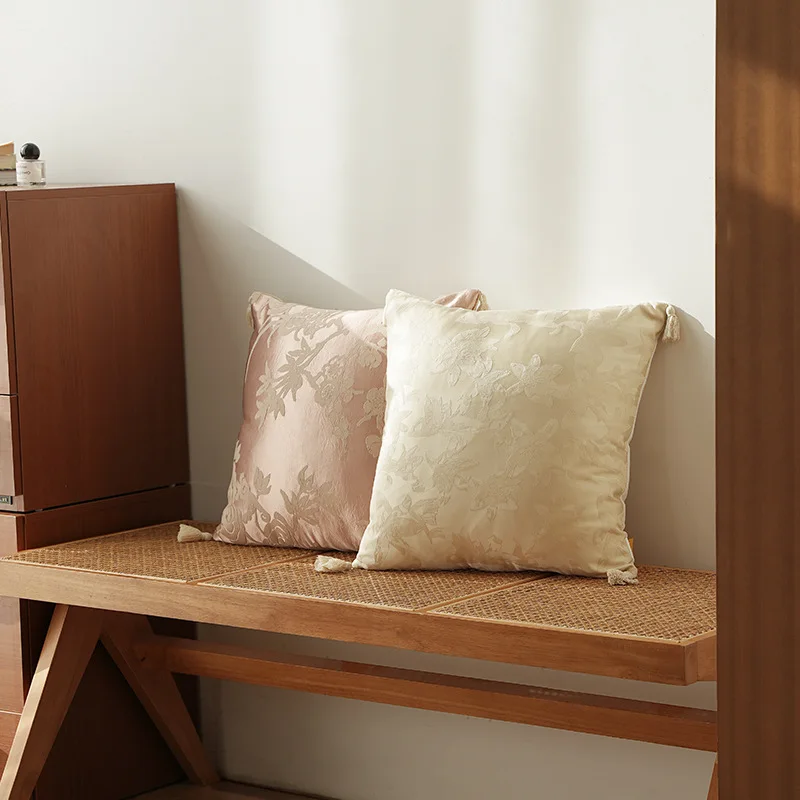 pink/ cream white jacqaurd flower cushion cover pillowcase tassels backrest pillow cover backrest
