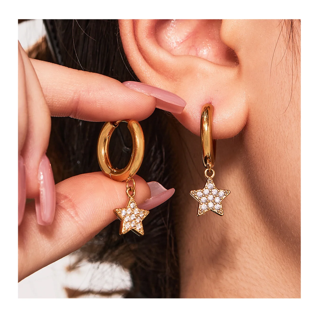 

Seattle Jewelry Stainless Steel Five-pointed Star Full Diamond Zircon Earrings Plated Real Gold Temperament Fashion Earrings