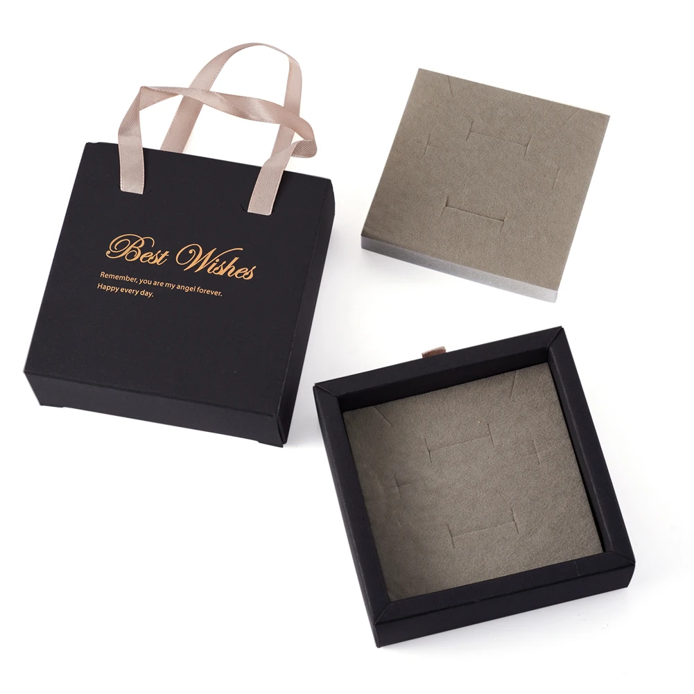 8pcs Ribbon Handles Drawer Paper Jewelry Set Box with Sponge for Necklace Rings Earrings DIY Present Packaging 10.1x10.1x3.6cm