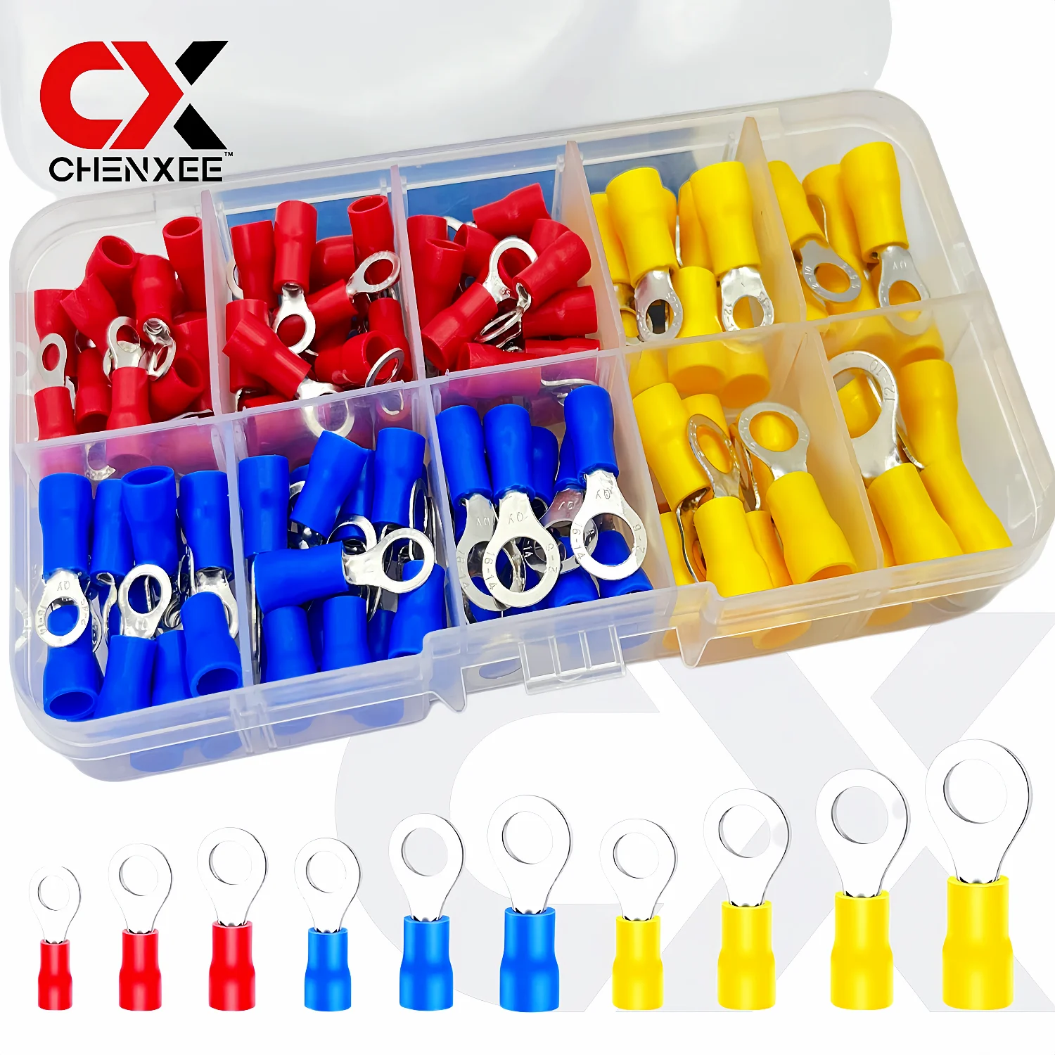 Ring Terminal Kit O-Type Insulated Electrical Wire Crimp Connectors 10 Sizes M3 M4 M5 M6 M8 Red Blue Yellow Assorted Cable Lugs