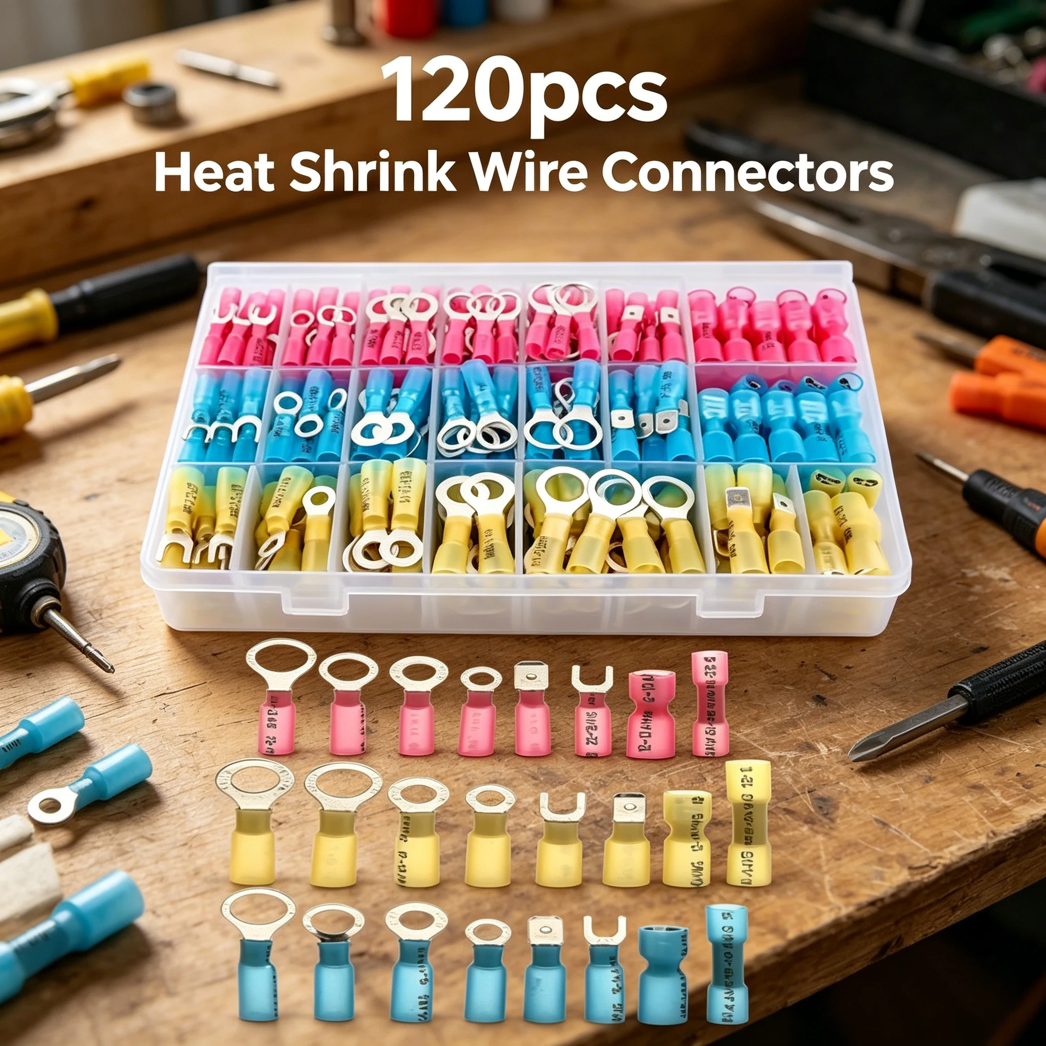 Heat Shrink Wire Connectors 120pcs Set Waterproof Automotive Marine Electrical Terminals Crimp Connector Ring Fork Spade Splices