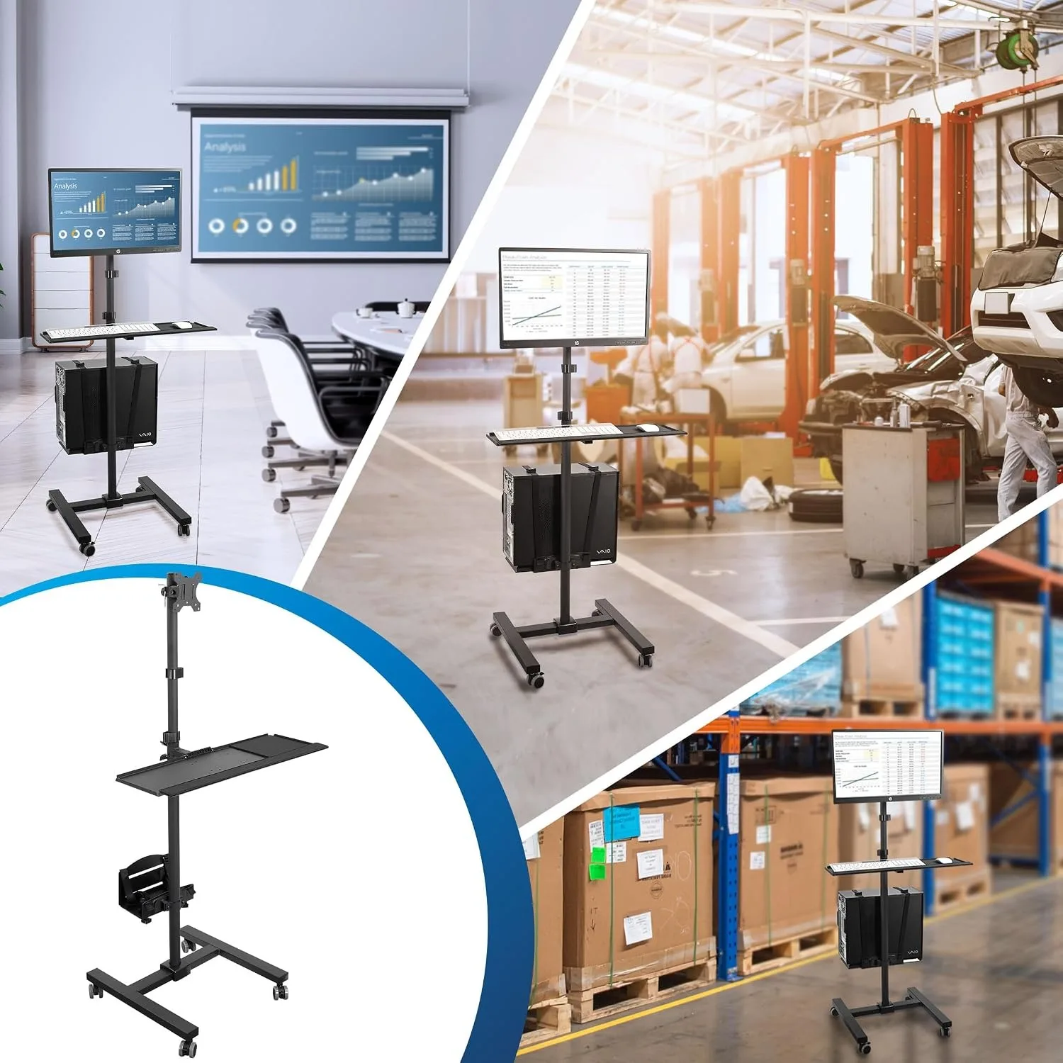 Rolling Computer Cart on Wheels, Mobile Desk Workstation with Monitor Mount for up to 32