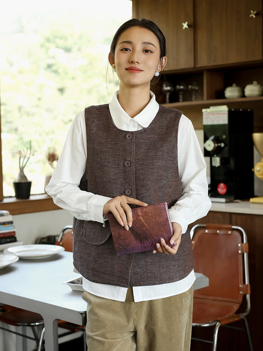 

Women's Cotton Linen round Ne Vest Thiened Winter Faion Retro Single Button Cotton Linen Jaet Outerwear oulder Pad