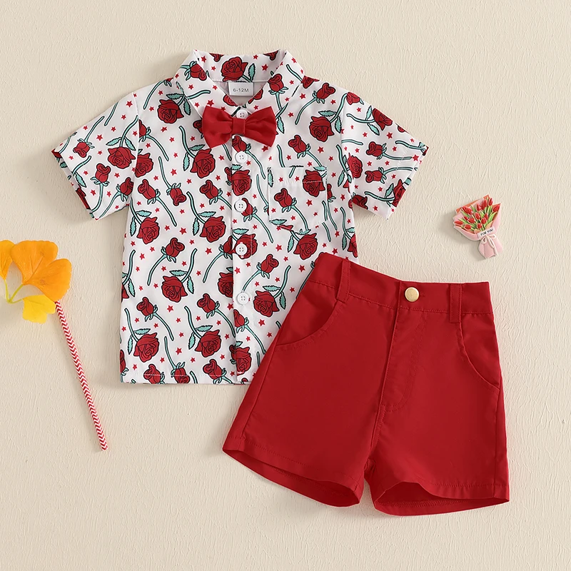 Toddler Kid Clothes Boy Valentine's Day Outfits Rose Print Button-up Lapel Neck Bow Tie Shirt Pockets Shorts Set