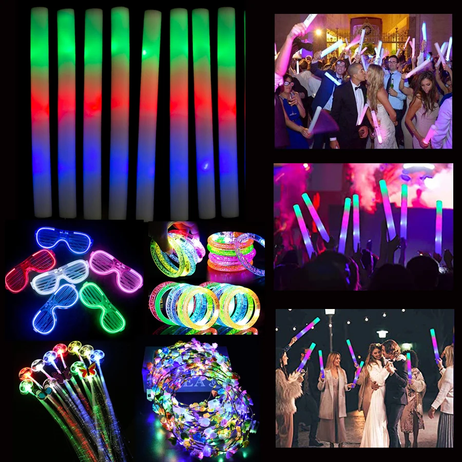 15/30Pcs Glow Sticks Foam LED Stick Palm Bulk Glowing Glasses Luminous Headdress Glowing Bracelets for Wedding Party Supplies