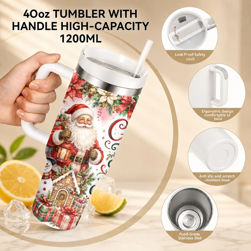 Santa Christmas Gift Vacuum Flasks 40oz Stainless Steel Travel Tumbler with Handle Straw Lid Double Wall Vacuum Insulated
