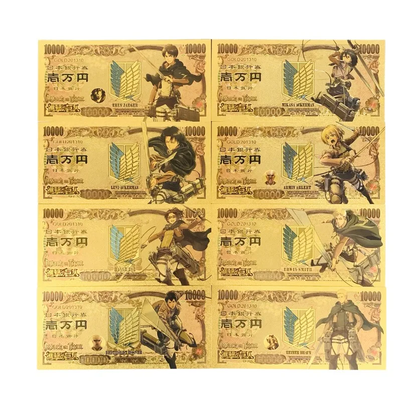 2025-agradavel-8-pcs-lote-japao-em-tita-notas-anime-ouro-nota-em-24k-banhado-a-ouro-notas-para-decoracao-de-casa