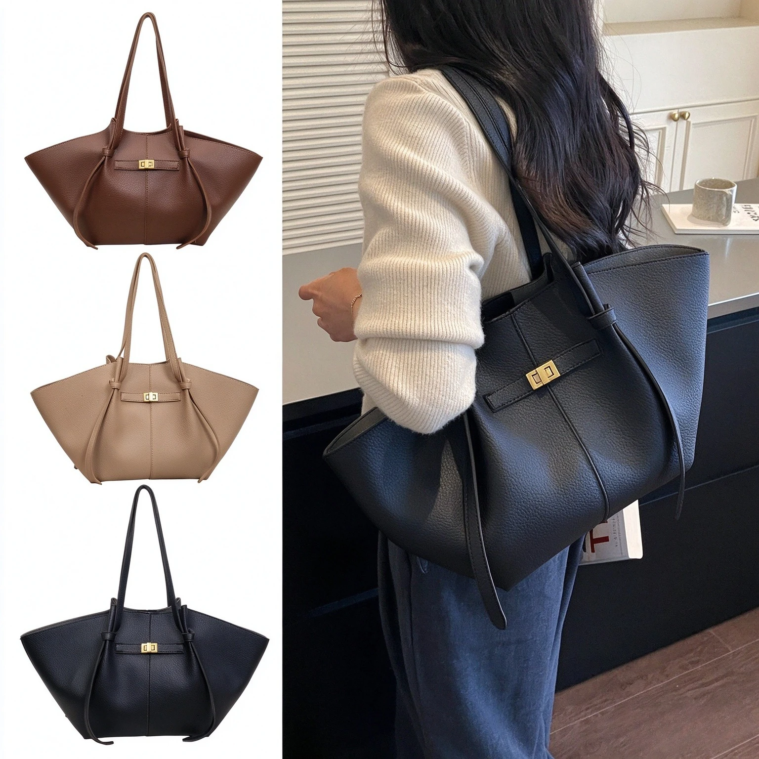 Retro Wing-Shaped Tote Bag for Women, Pebbled Faux Leather Shoulder Handbag, Gold Buckle Large Capacity Bag for Work Shopping