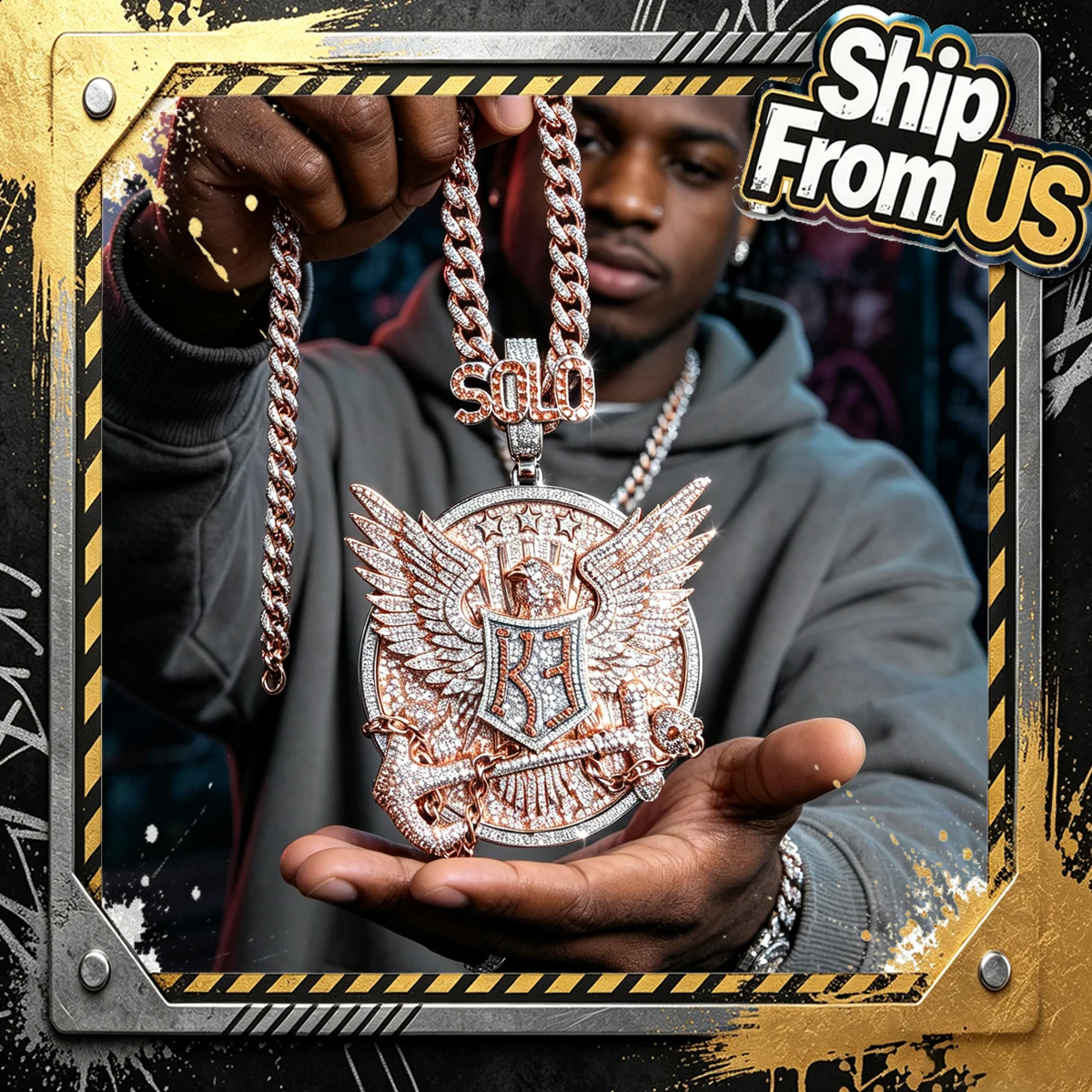 Huge Iced Out Solo Wing Eagle Shield KF Pendant 18K Gold Plated CZ Hip Hop Necklace For Men Rapper Bling Round Medallion Charm Street Rap Jewelry Oversized Statement Accessory For Club Party Daily Unique Ornate Winged Emblem Design Sparkling Gift