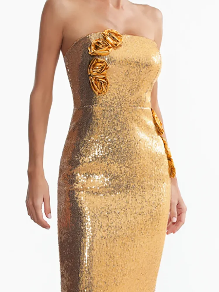 Exquisito oro sin tirantes con lentejuelas sin mangas flores vestidos de noche formales fiesta de cumpleaños vestidos de graduación personalizados