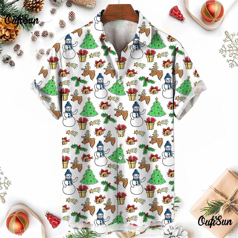 

Simple Fashion Christmas Element 3D Printed Shirts For Men Clothing Funny Hawaii Xmas Gifts Snowman Elk Lapel Blouse Y2k Tops