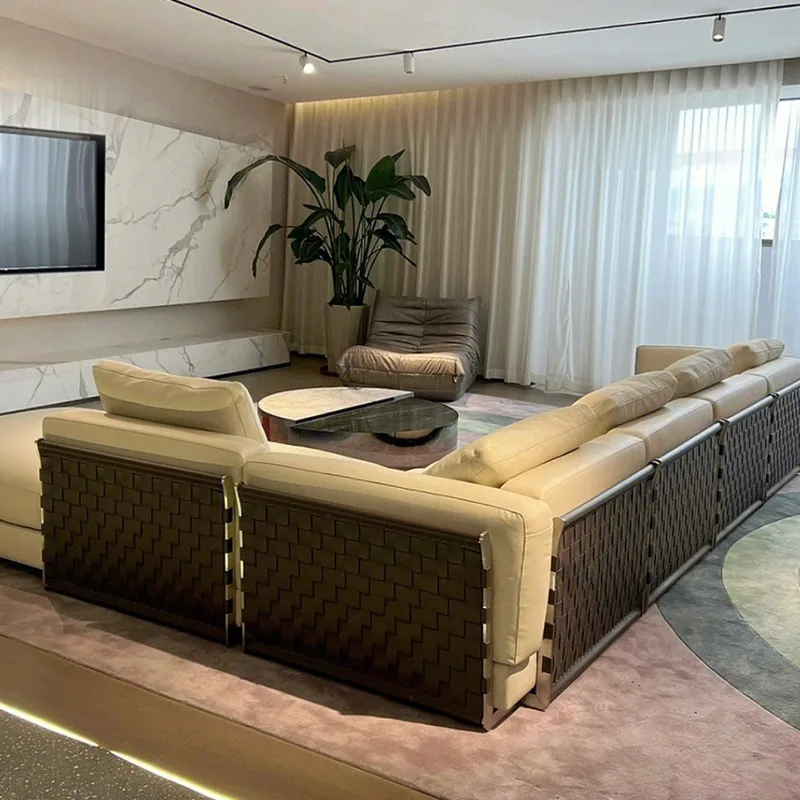 Italian light luxury leather sofa living room modern simple villa mansion large haute couture three-person woven sofa